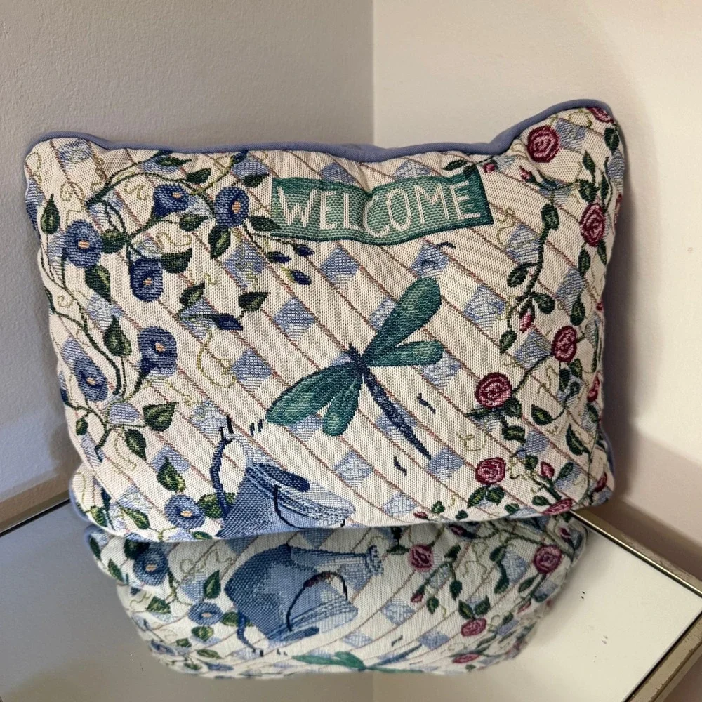 Vintage Tapestry Welcome Pillow Dragonfly Roses‎ Cottage Country Garden Decor